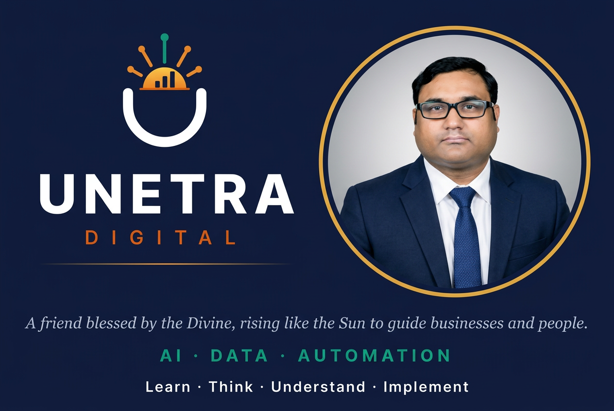 Unetra Digital rising-sun logo beside a portrait of founder Manas Ranjan Madala